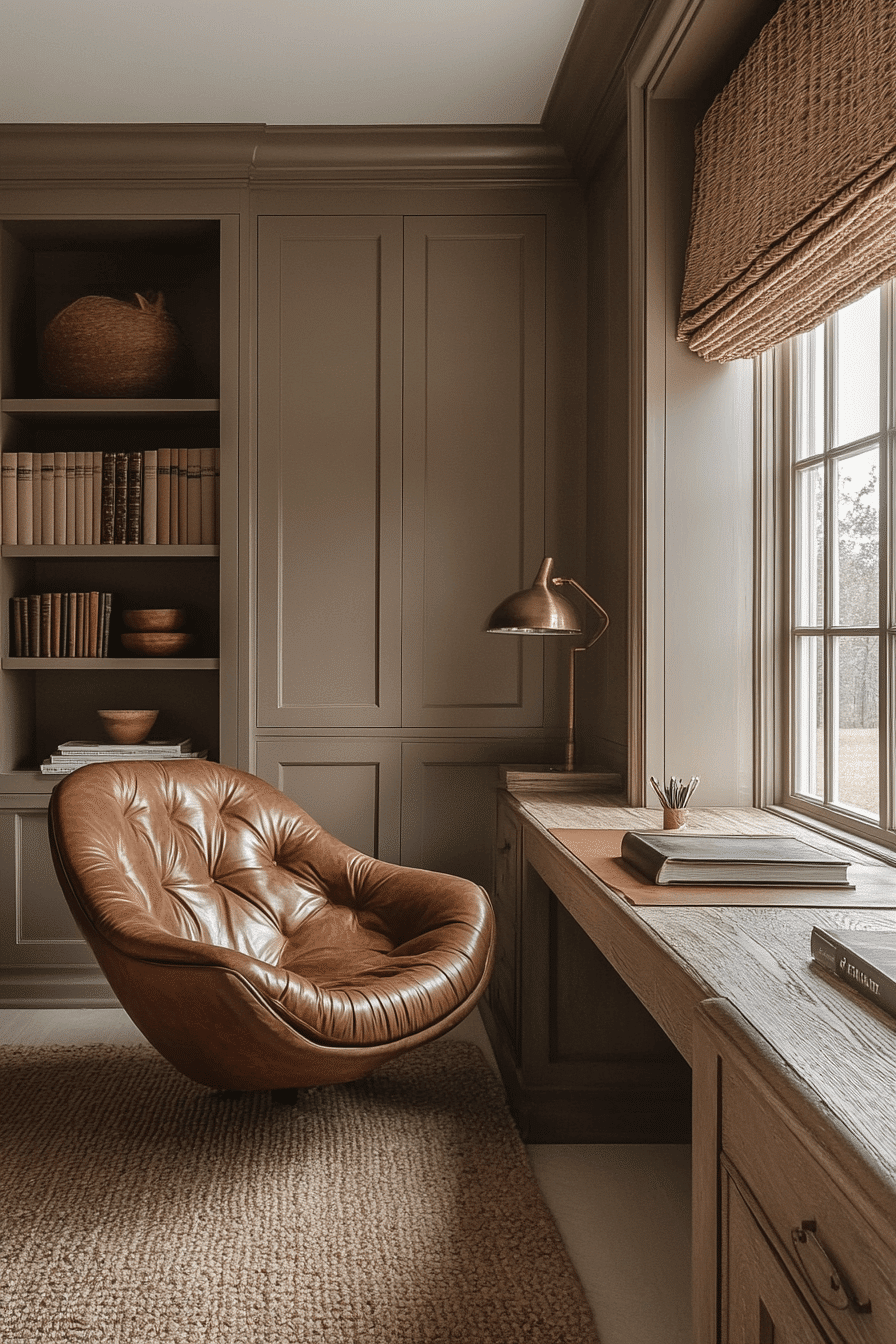 Office or studio, Taupe panelled study, leather chair, brass lamp, calm