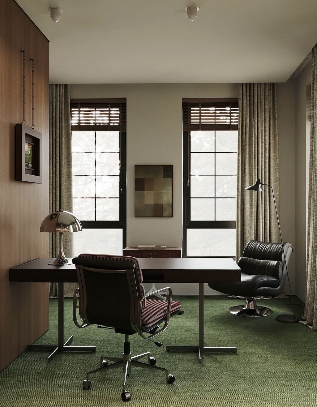 Office or studio, Black desk, green carpet, leather chairs, modern