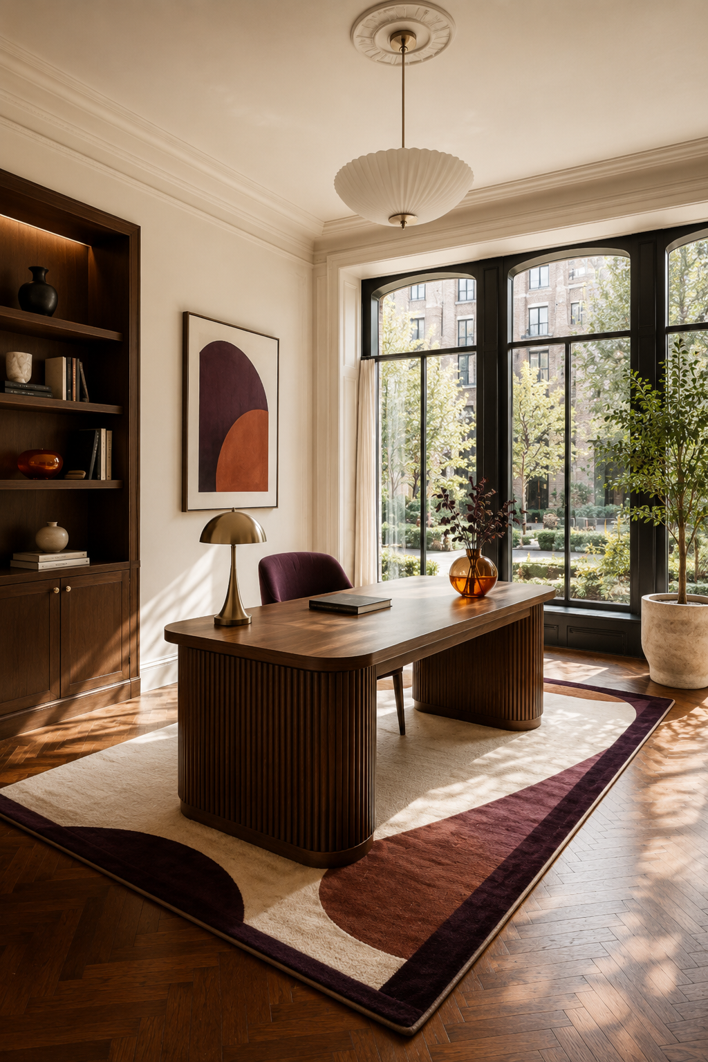 Office or studio, Timber desk, burgundy rug, tall windows, classic