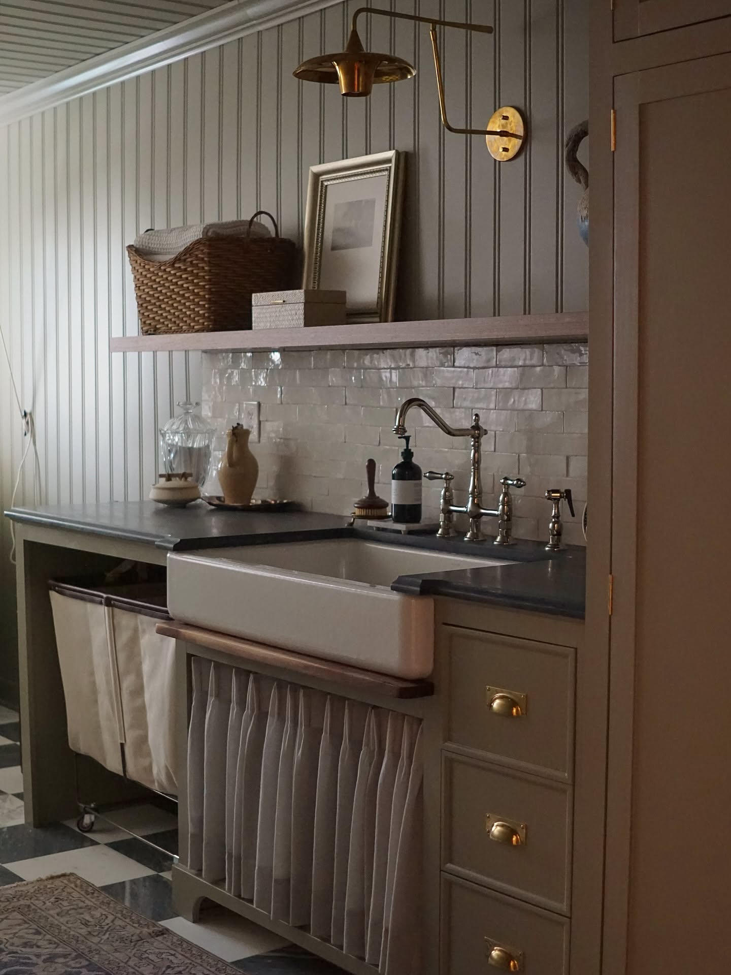 Kitchen, Panelled scullery, stone counter, brass tap, classic