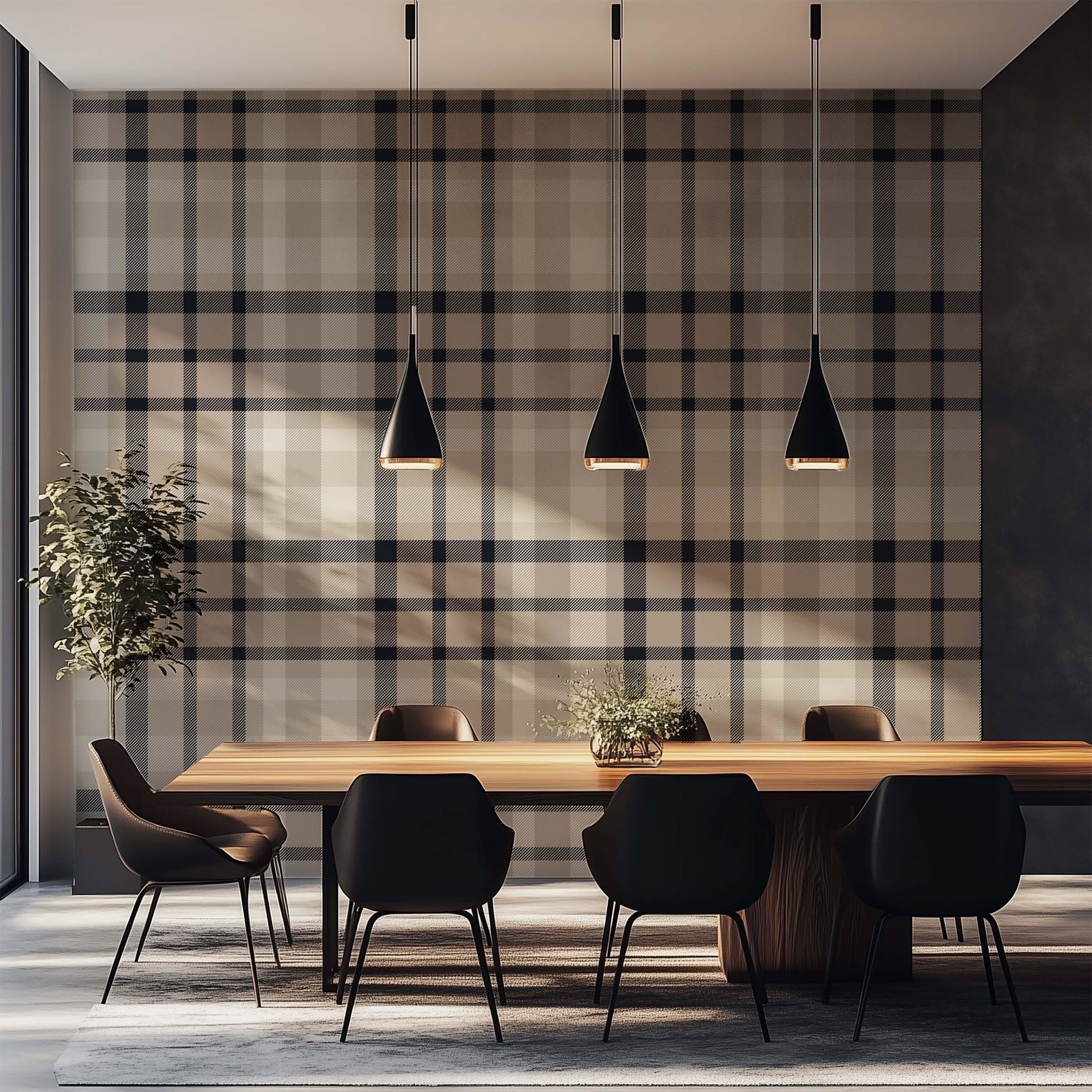 Office or studio, Plaid wallpaper meeting room, black chairs, modern