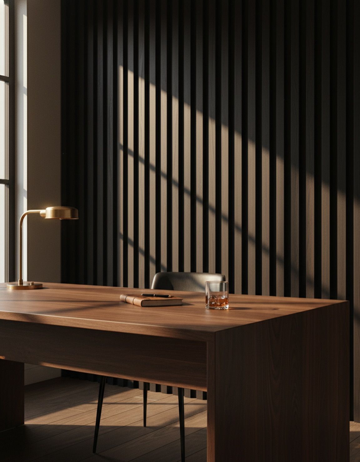 Office or studio, Black slat wall, walnut desk, brass lamp, moody