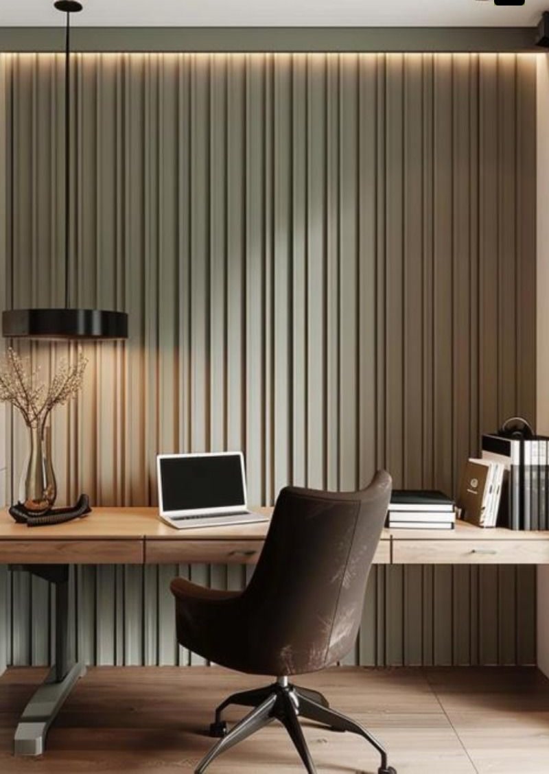Office or studio, Green fluted wall, timber desk, leather chair, modern