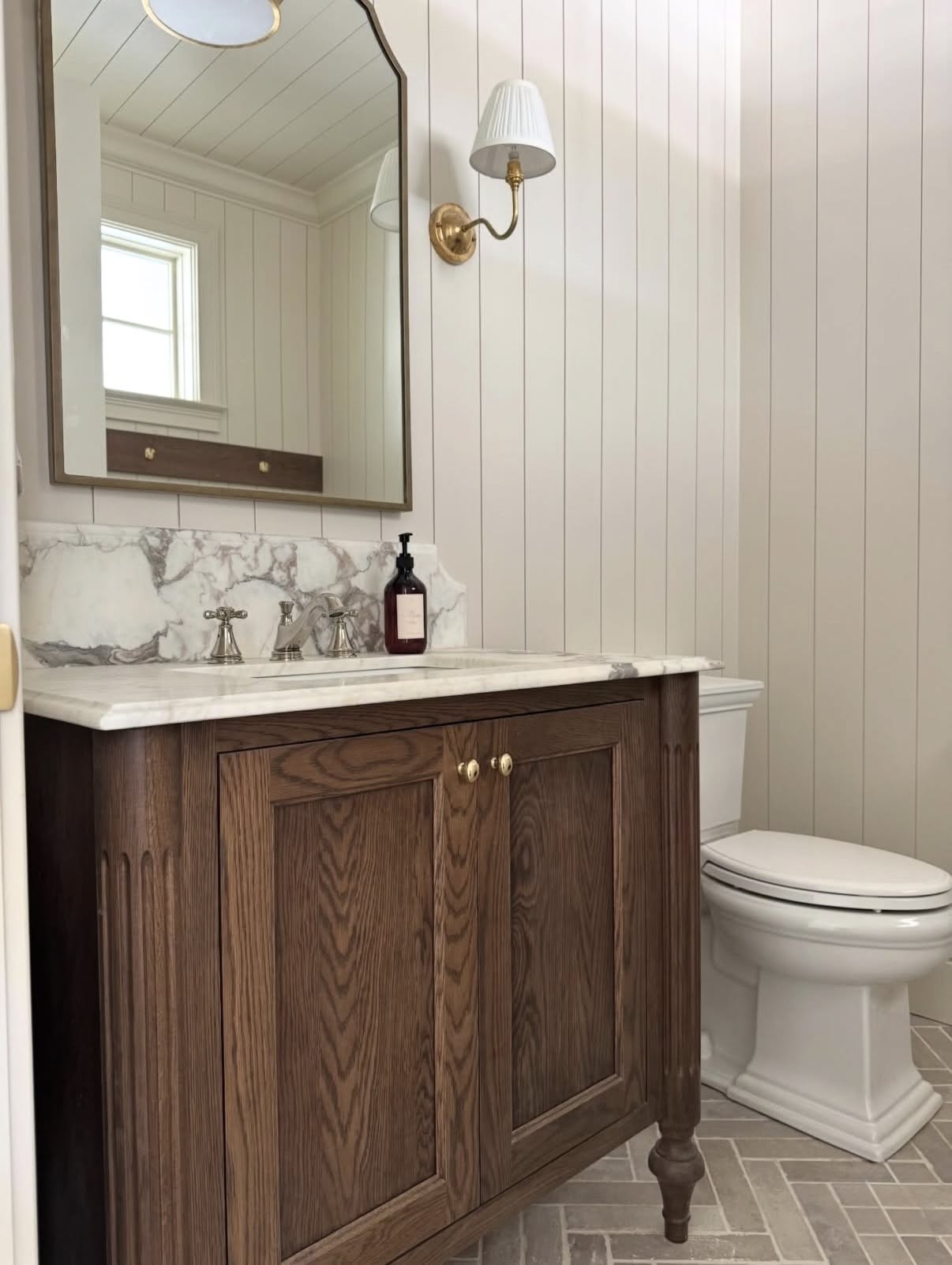 Bathroom, Timber vanity, panelled walls, marble splash, classic