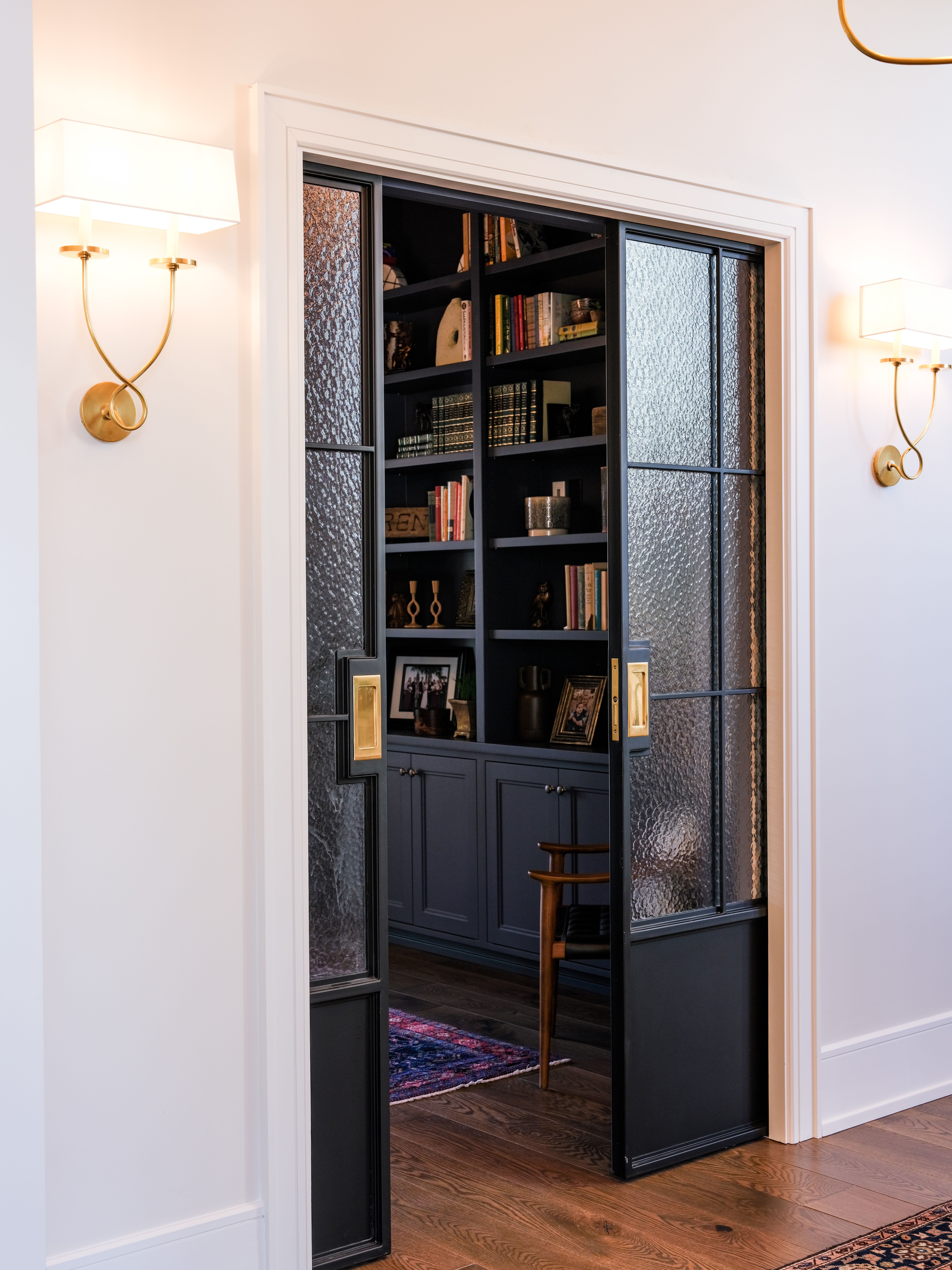 Office or studio, Dark library, glazed doors, brass sconces, classic