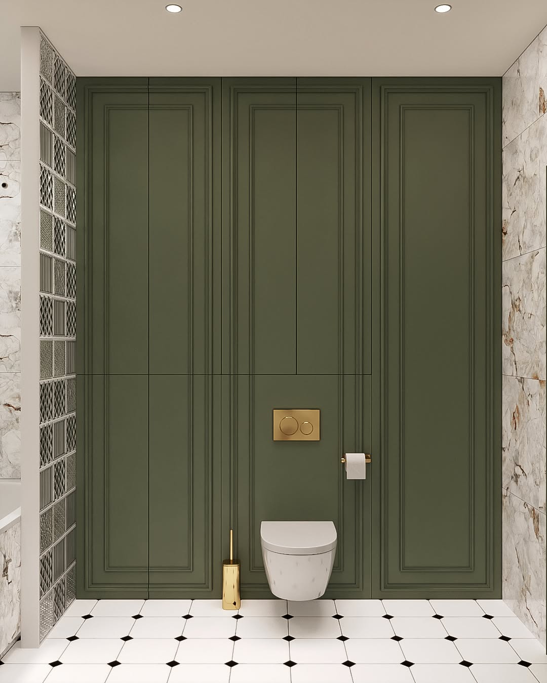 Bathroom, Green panelled walls, chequer floor, modern