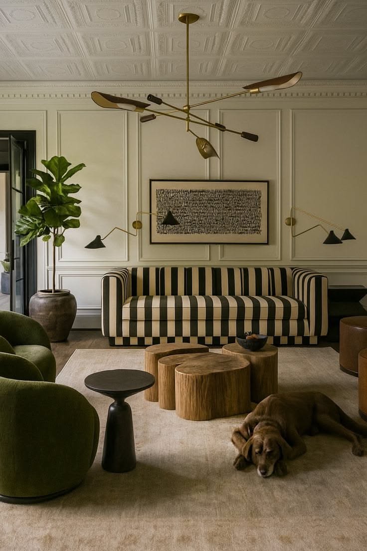 Living room, Striped sofa, green chairs, timber stools, modern