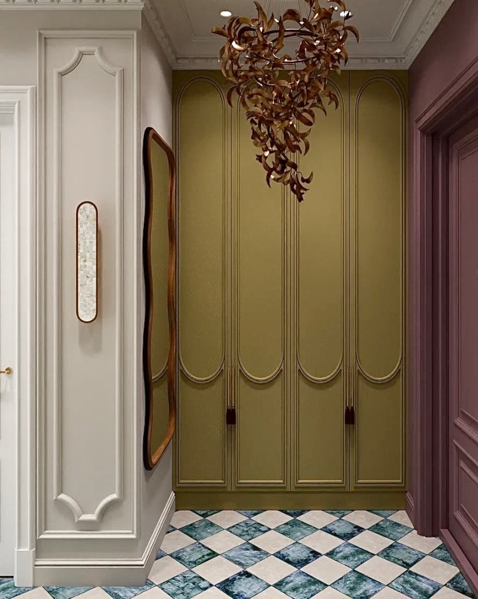 Foyer or stair, Olive wardrobe wall, teal chequer floor, classic