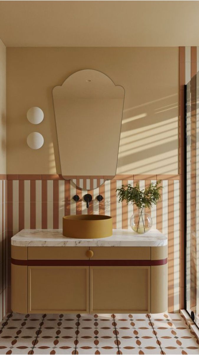 Bathroom, Terracotta vanity, arched mirror, patterned tile, playful