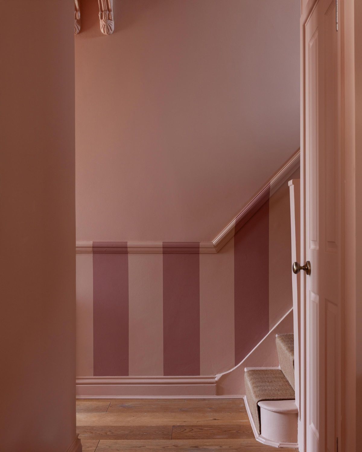 Foyer or stair, Pink stair hall, panelling, calm