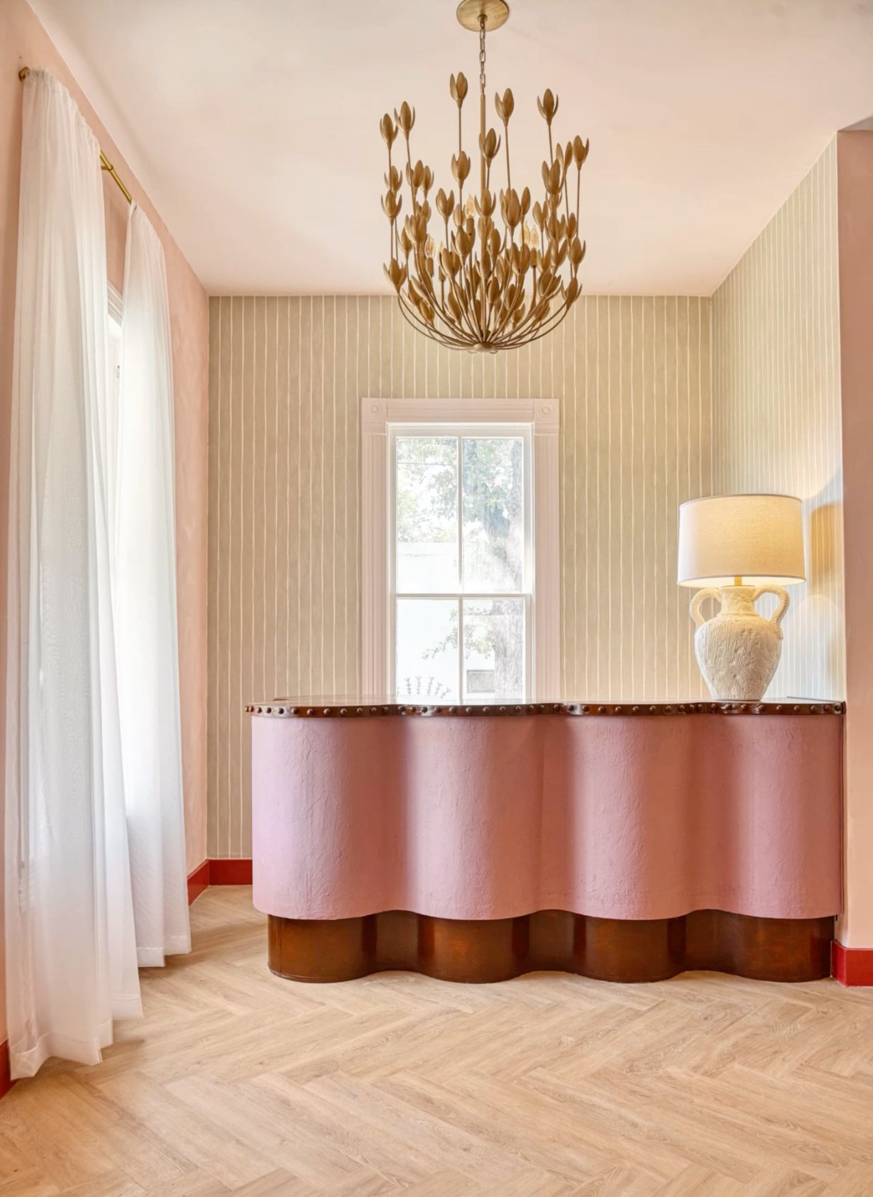 Shop or store, Pink scalloped counter, chandelier, herringbone, playful