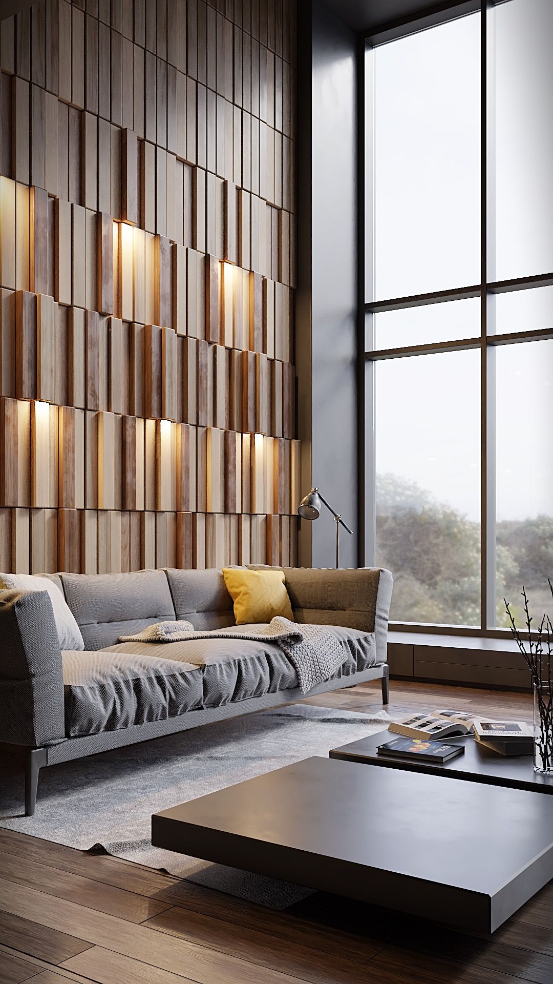 Living room, Timber block wall, grey sofa, tall window, modern