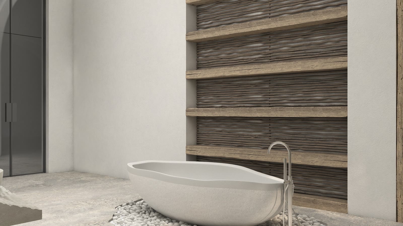 The tub and the slatted timber wall go in