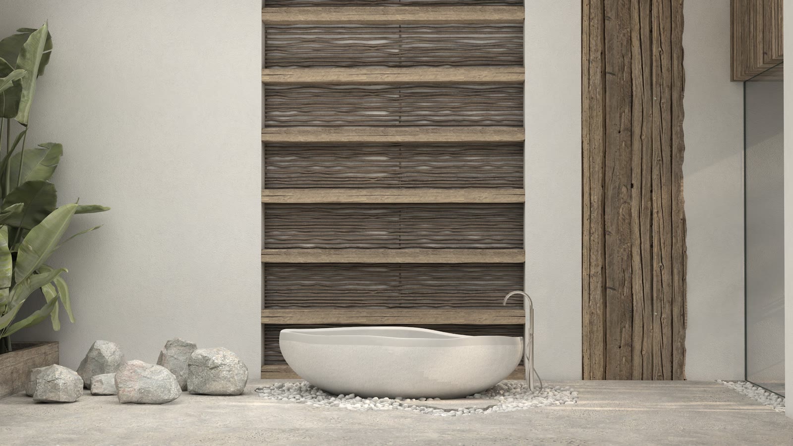 The stone tub and a banana palm arrive