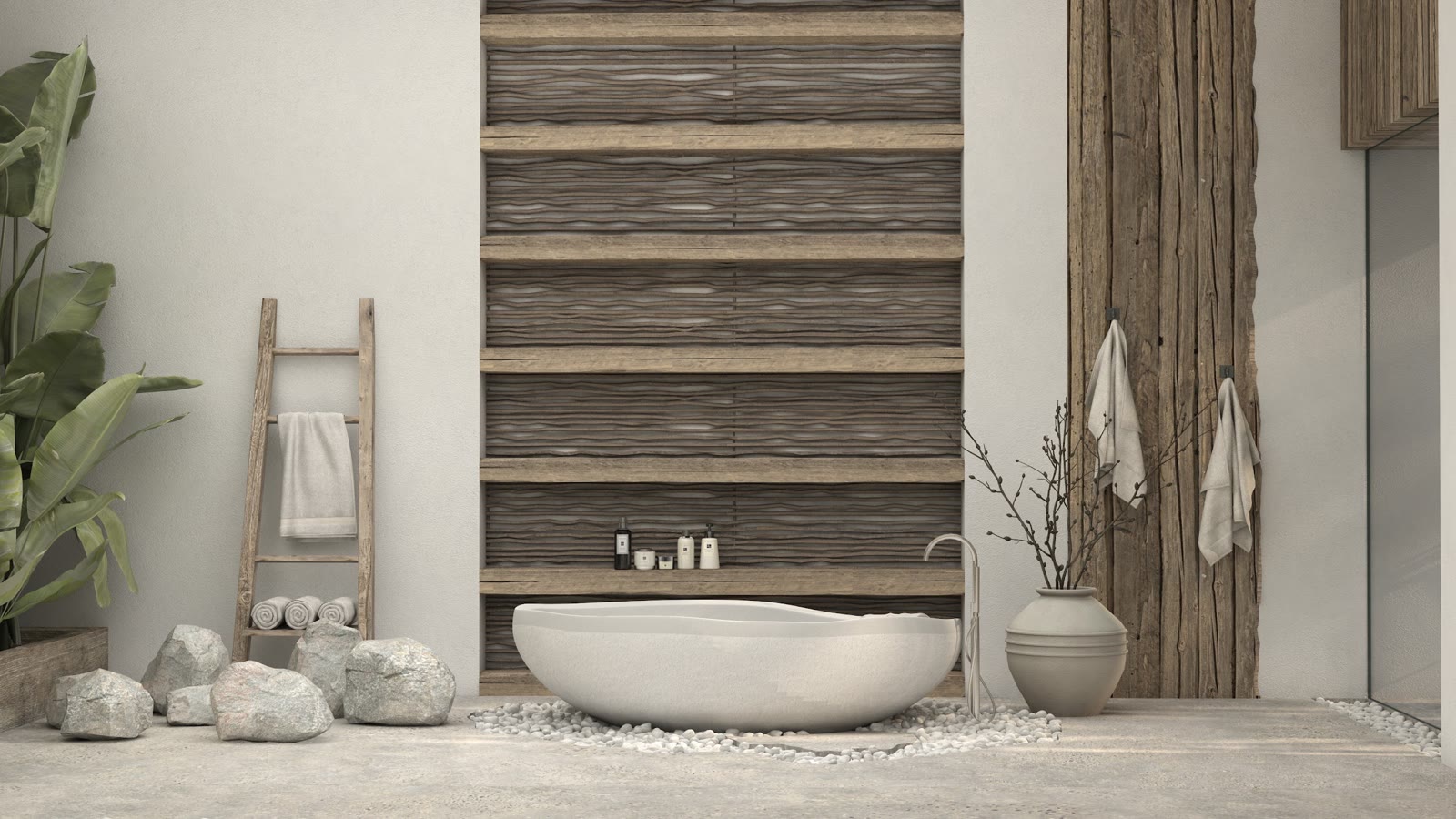 A towel ladder, a ceramic vessel and bottles on the shelf