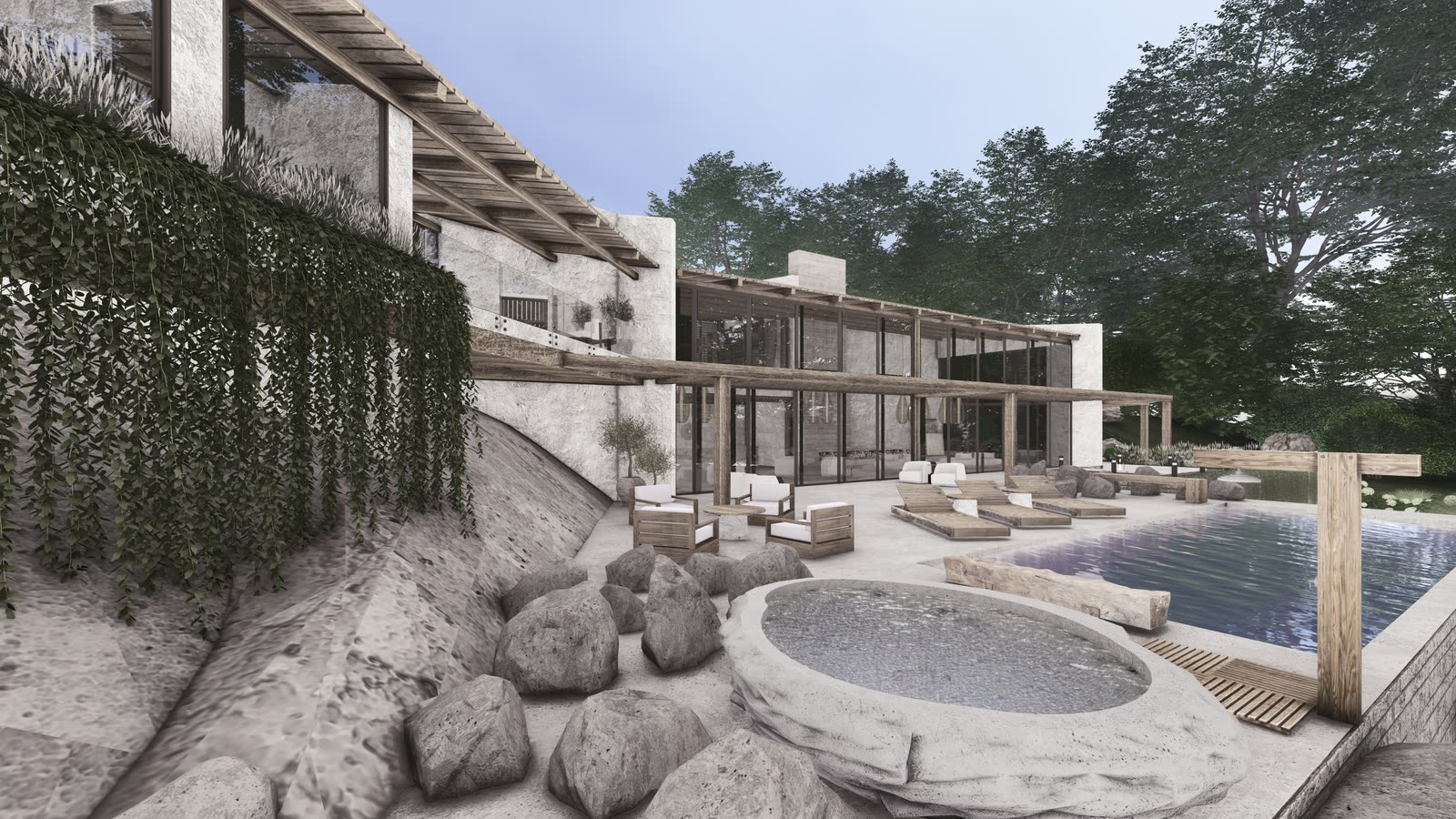 A retreat in white render and dark timber stepping along a wooded slope, with a stone soaking tub set among boulders and a bathing pool beyond