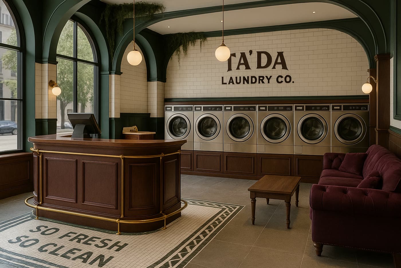 AI concept: TA&rsquo;DA LAUNDRY CO lettered onto subway tile above a bank of washers, with a curved mahogany desk on a brass foot rail and a SO FRESH SO CLEAN floor mosaic