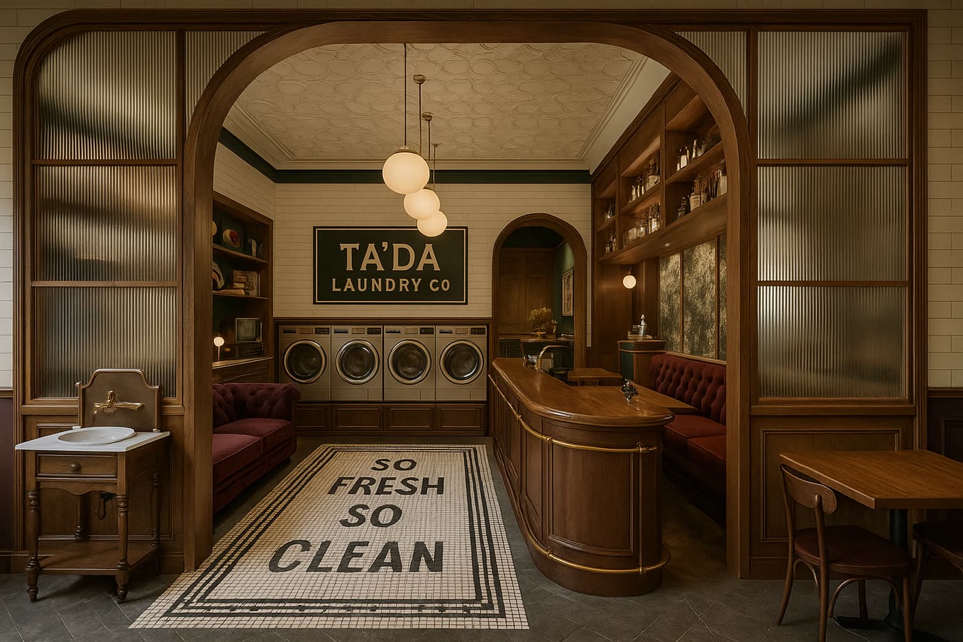 AI concept: a reeded glass arch opening onto a curved timber bar with a brass rail, burgundy Chesterfields and a SO FRESH SO CLEAN floor mosaic