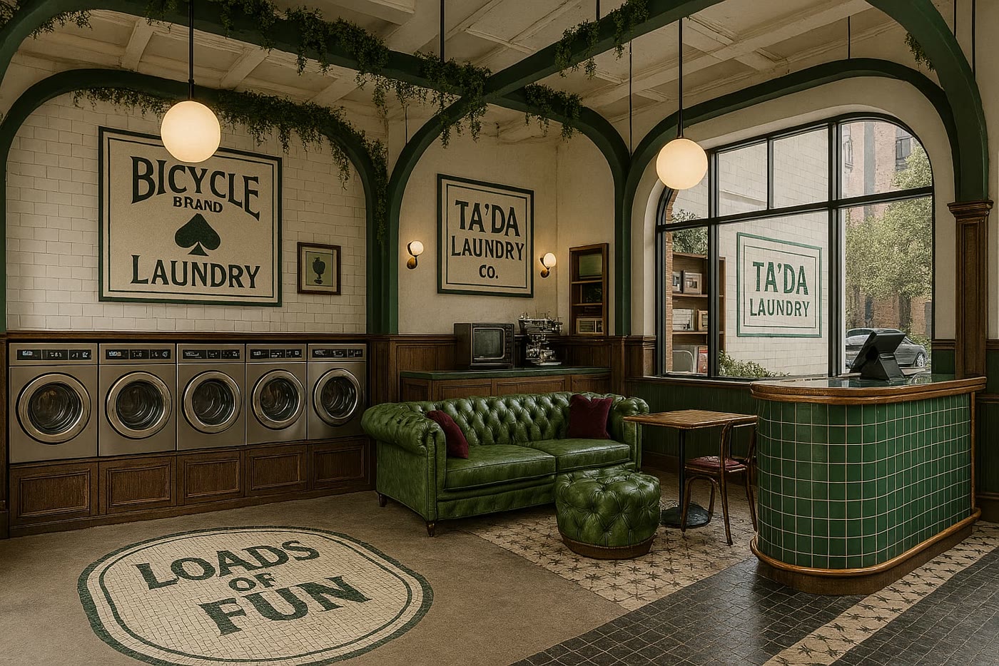 AI concept: BICYCLE BRAND LAUNDRY and TA&rsquo;DA LAUNDRY CO signs on white tile, green leather Chesterfields, a green tiled counter and an oval LOADS OF FUN mosaic