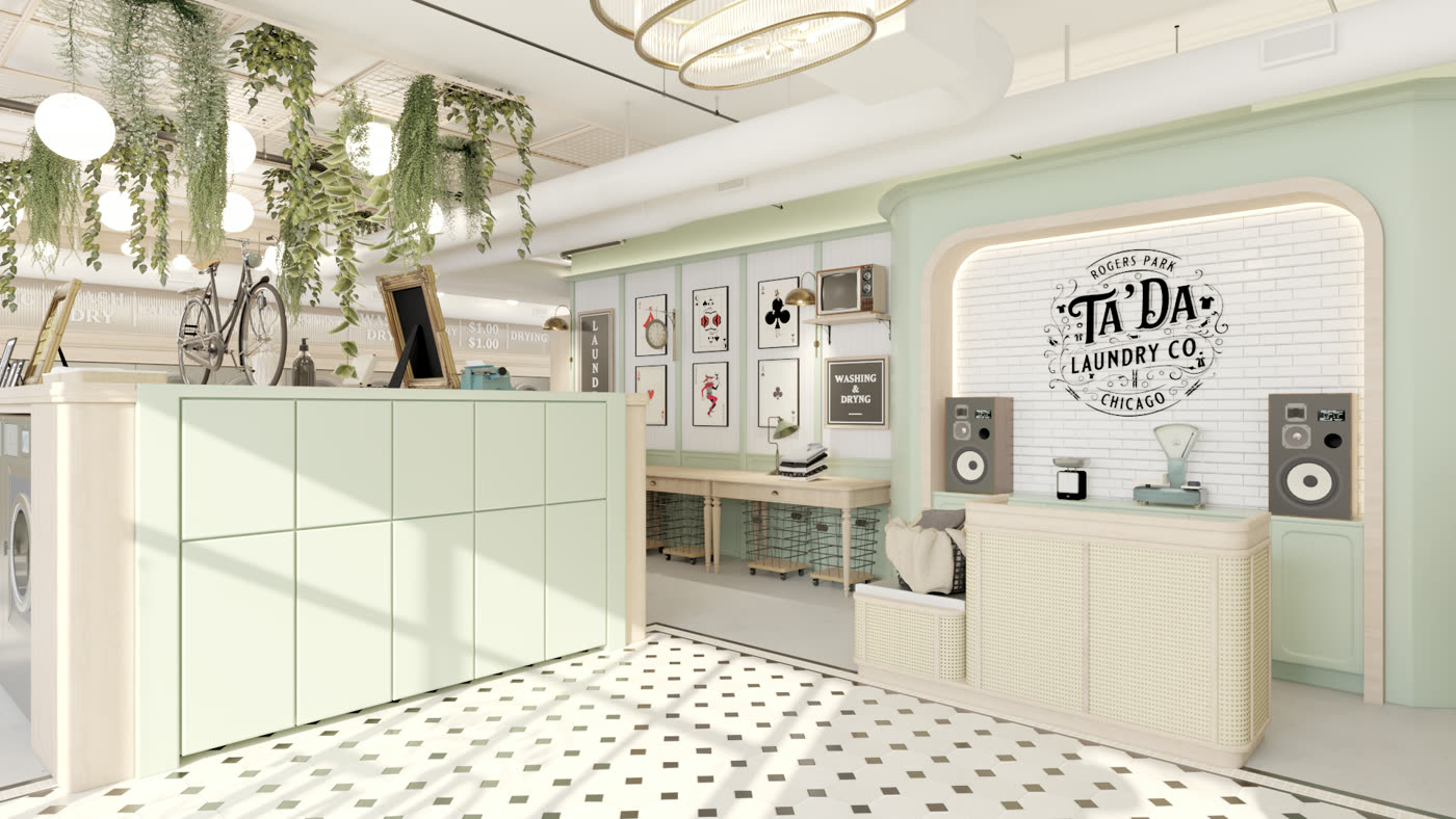 Finished Ta'Da Laundry: folding counter, playing card artwork and hanging greenery
