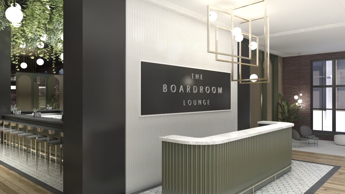 The Boardroom Lounge: olive fluted reception desk, brass pendants and hanging greenery against dark brick
