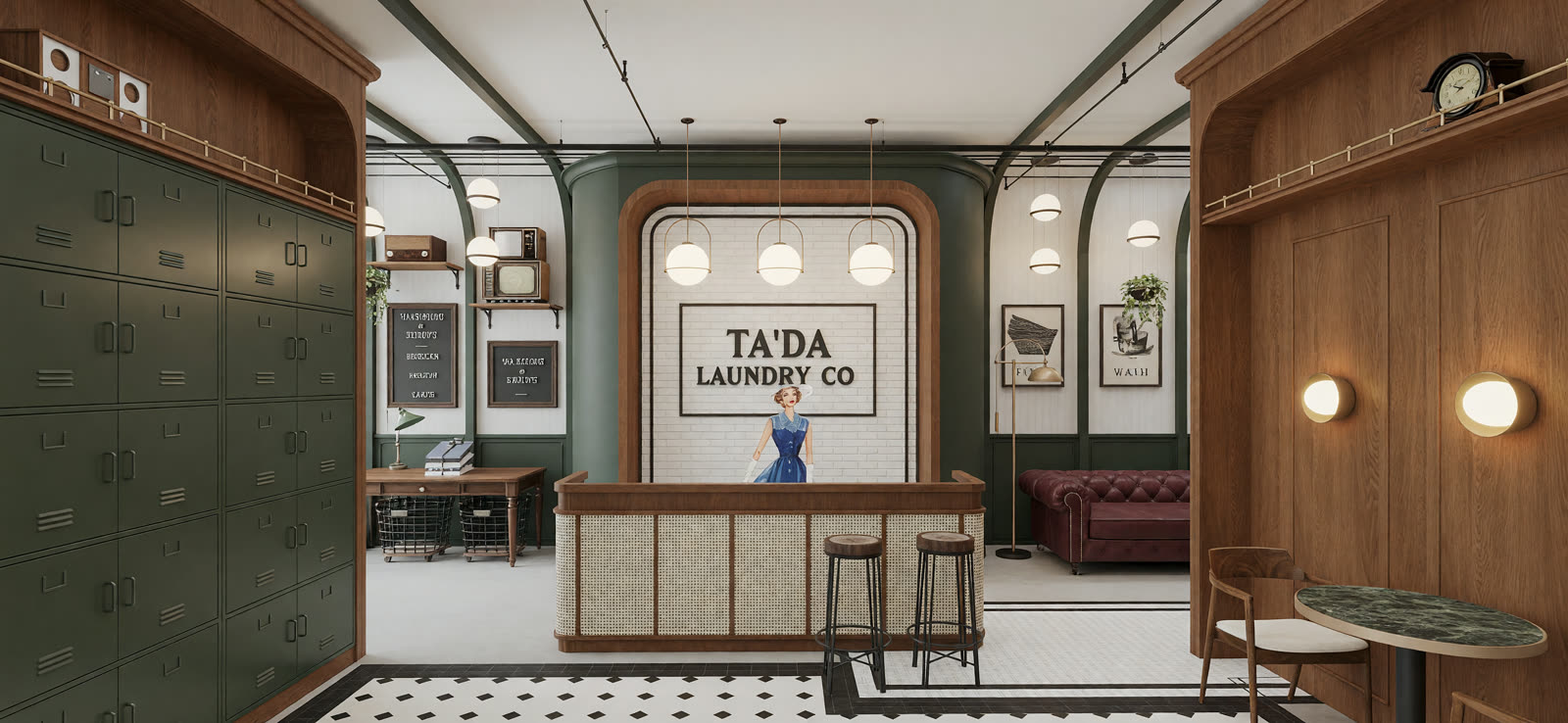 A quick lighting render of the laundromat drafts, run to check how the light falls rather than as a finished image