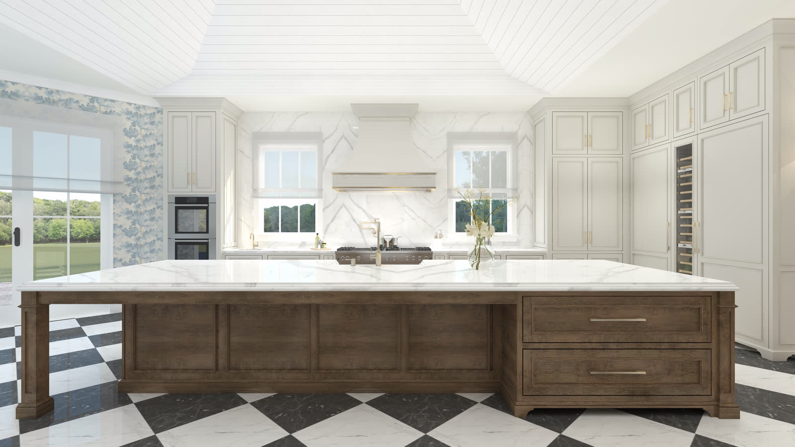 A classical kitchen with twin islands, a chequerboard marble floor, toile papered walls and a bay window to the water