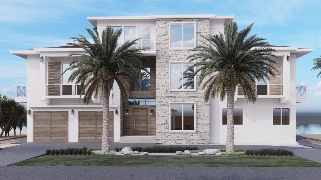 The front elevation as first shown: dark wood garage doors, a wide dark timber panel over the entry, grey stone