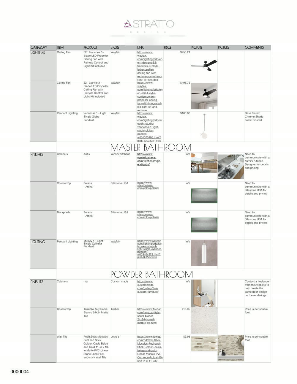 Specification book page 4: category, item, product, store, link, price and notes