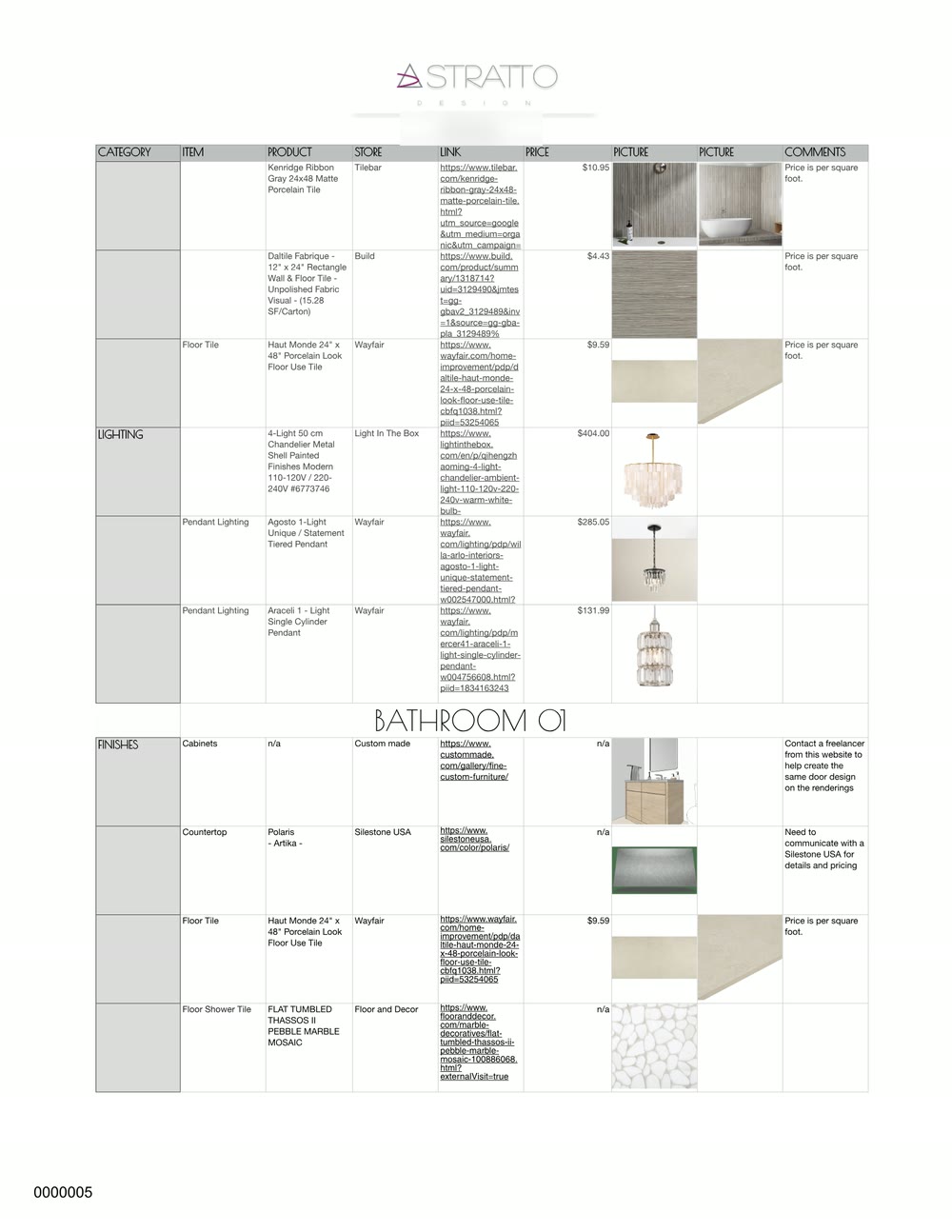Specification book page 5: category, item, product, store, link, price and notes