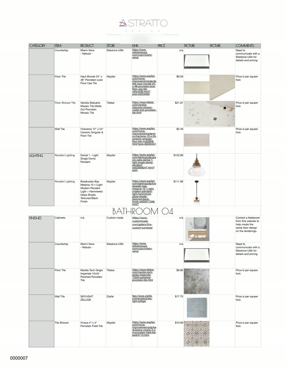 Specification book page 7: category, item, product, store, link, price and notes