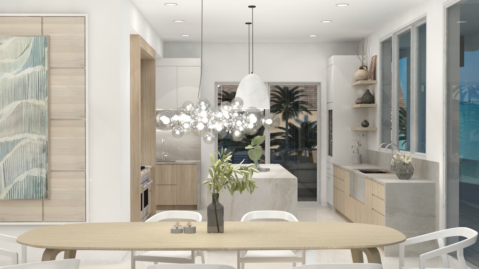 The dining table under a branching bubble chandelier, kitchen beyond