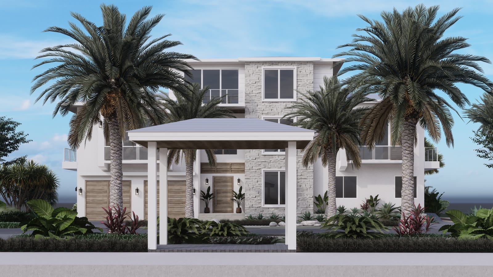 The front of the house: the entry canopy and front door between two mature palms, garages to the left, stone to the upper floors