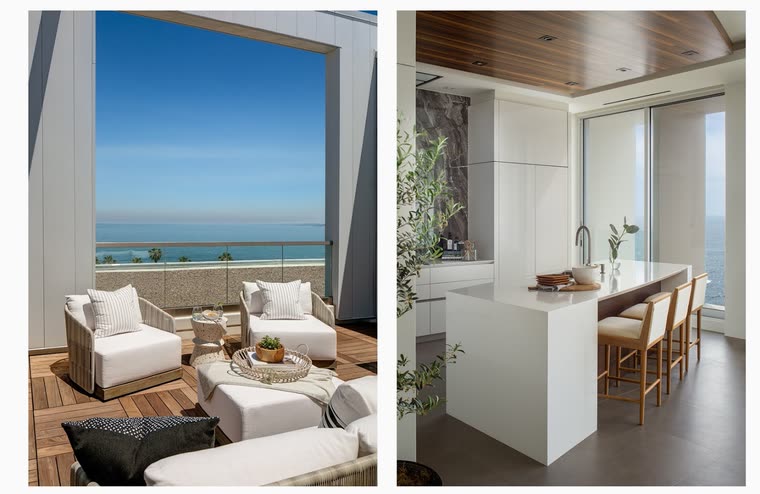 Reference screenshot: a terrace with white seating and a timber ceilinged kitchen