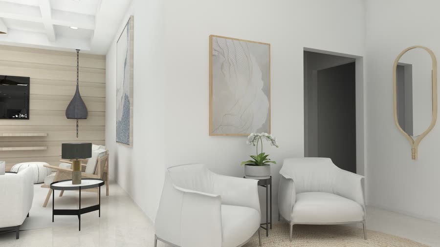 Frame 12, the sitting area: the delivered rendering, with a dark rattan pendant and black metalwork